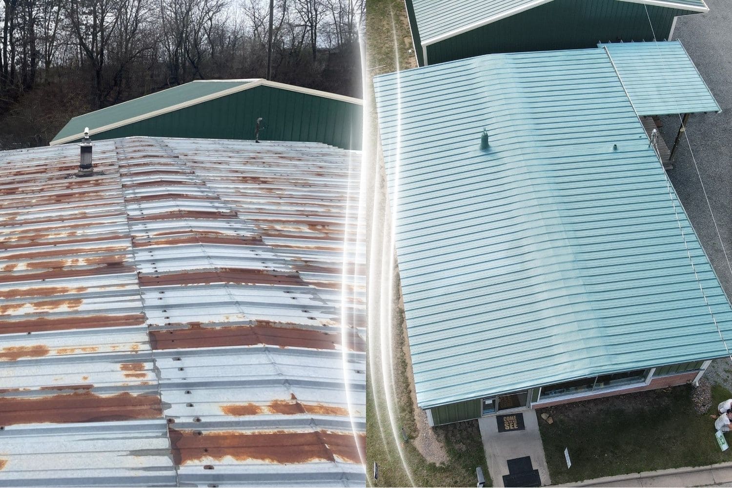 Before and after transformation of rusty metal roof to re-coated and restored green metal roof